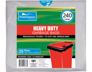 PrimeSource' 240L Heavy Duty Wheelie Bin Bags, Individually Folded - Castaway